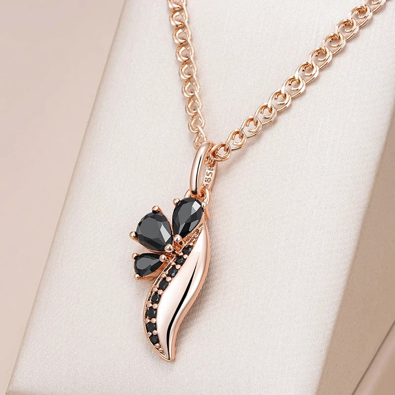 Colier din argint placat cu aur roz 18K si obsidian