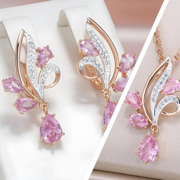 Set colier si cercei din argint placati cu aur 18K si zirconiu "Pink Value"